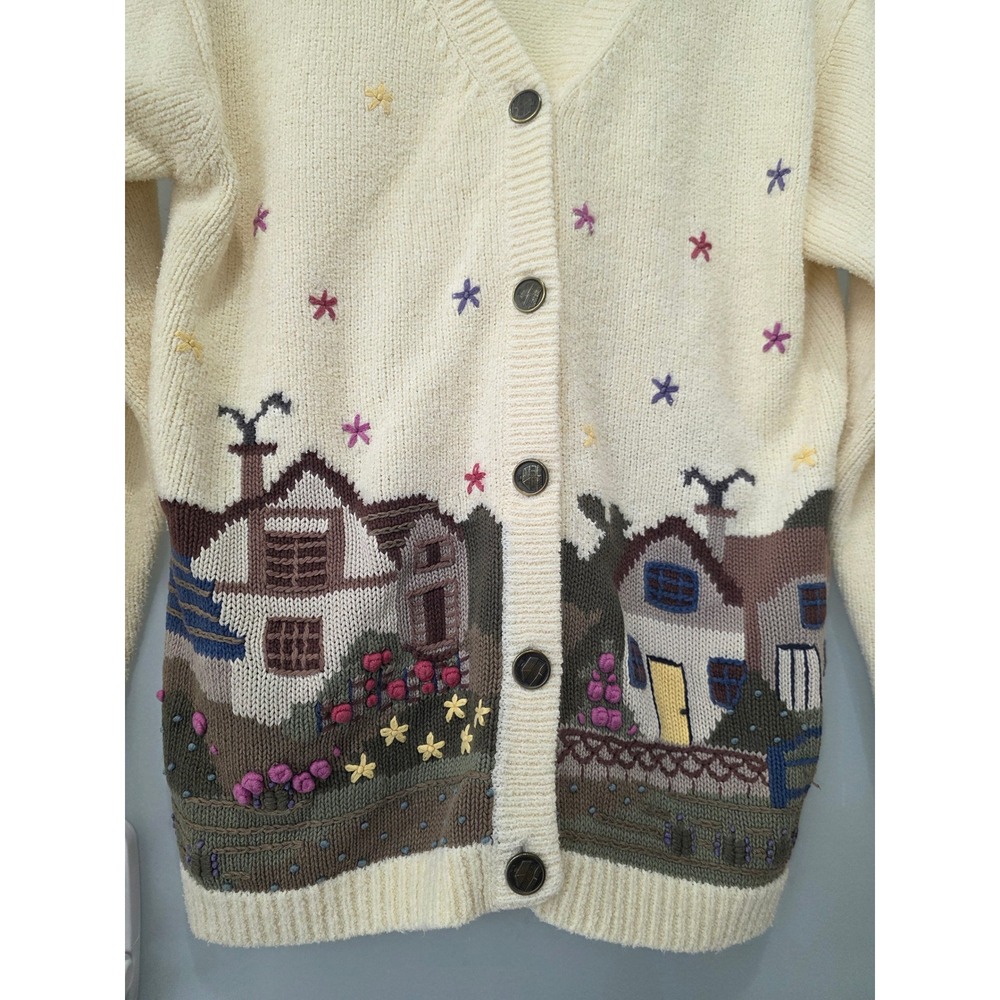 Northern‎ Treasures Vintage Cream Cottage Scene Knit Cardigan Womens Medium